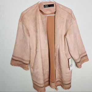 NWT Zara faux suede dusty rose fringe jacket xs